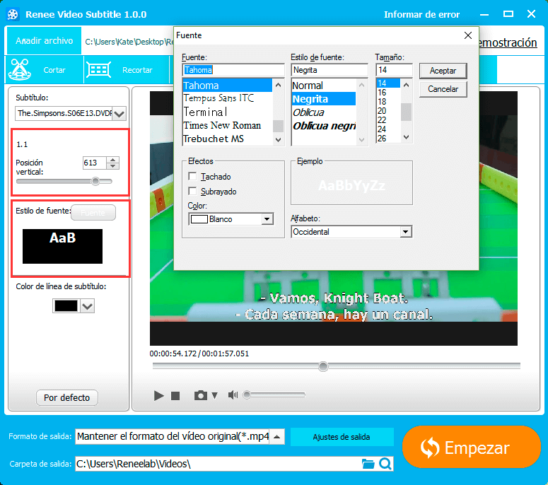 ajustar la posición y estilo de fuente de subtítulos