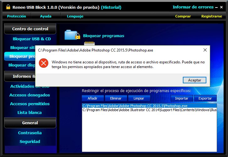 una ventana que dice acceso denegado al programa bloqueado