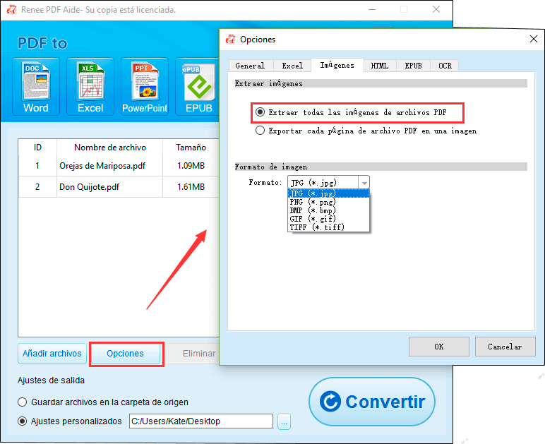 configurar el software a modo de extraer imágenes de un PDF