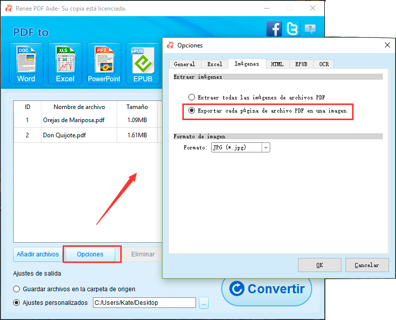 configurar el software a modo de exportar cada página de archivo PDF en una imagen