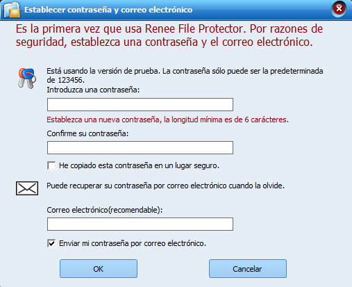 Renee File Protector establecer contraseña y correo electrónico