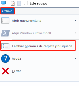 cambiar opciones de carpeta y búsqueda