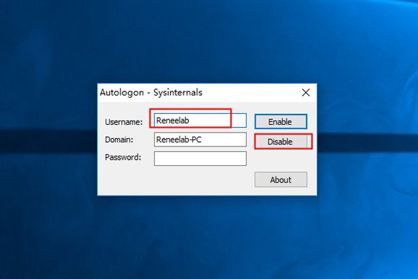 Lance Autologon, ingrese la cuenta de usuario de destino que inicia sesión automáticamente, haga clic en “Desactivar”.