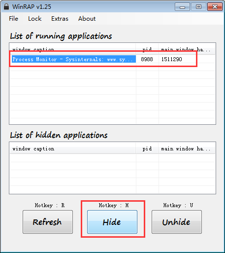 Ocultar la ventana Process Monitor con WinRAP