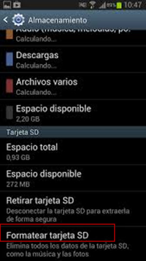 formatear la tarjeta SD en el sistema Android