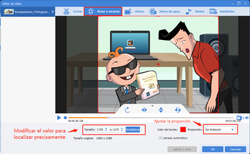 la función rotar y recortar de Renee video editor pro