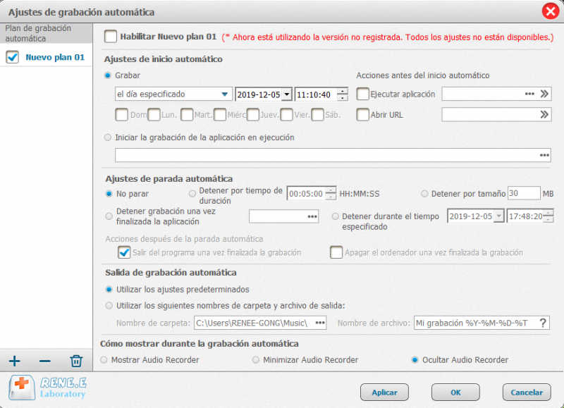 ajustes de grabación automática en Renee Audio Recorder Pro