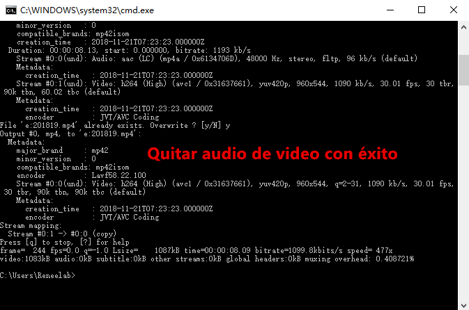 quitar audio del video con éxito