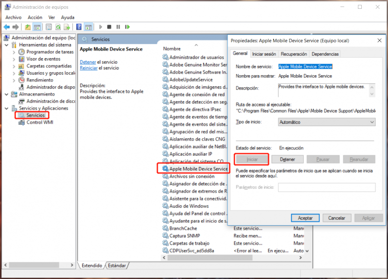 Apple Mobile DeviceService no está activado correctamente