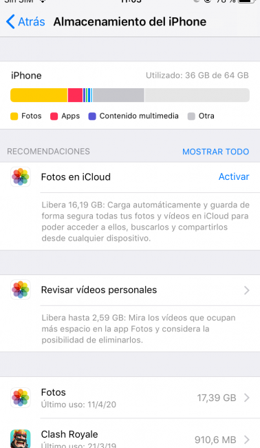 ver almacenamiento de iphone